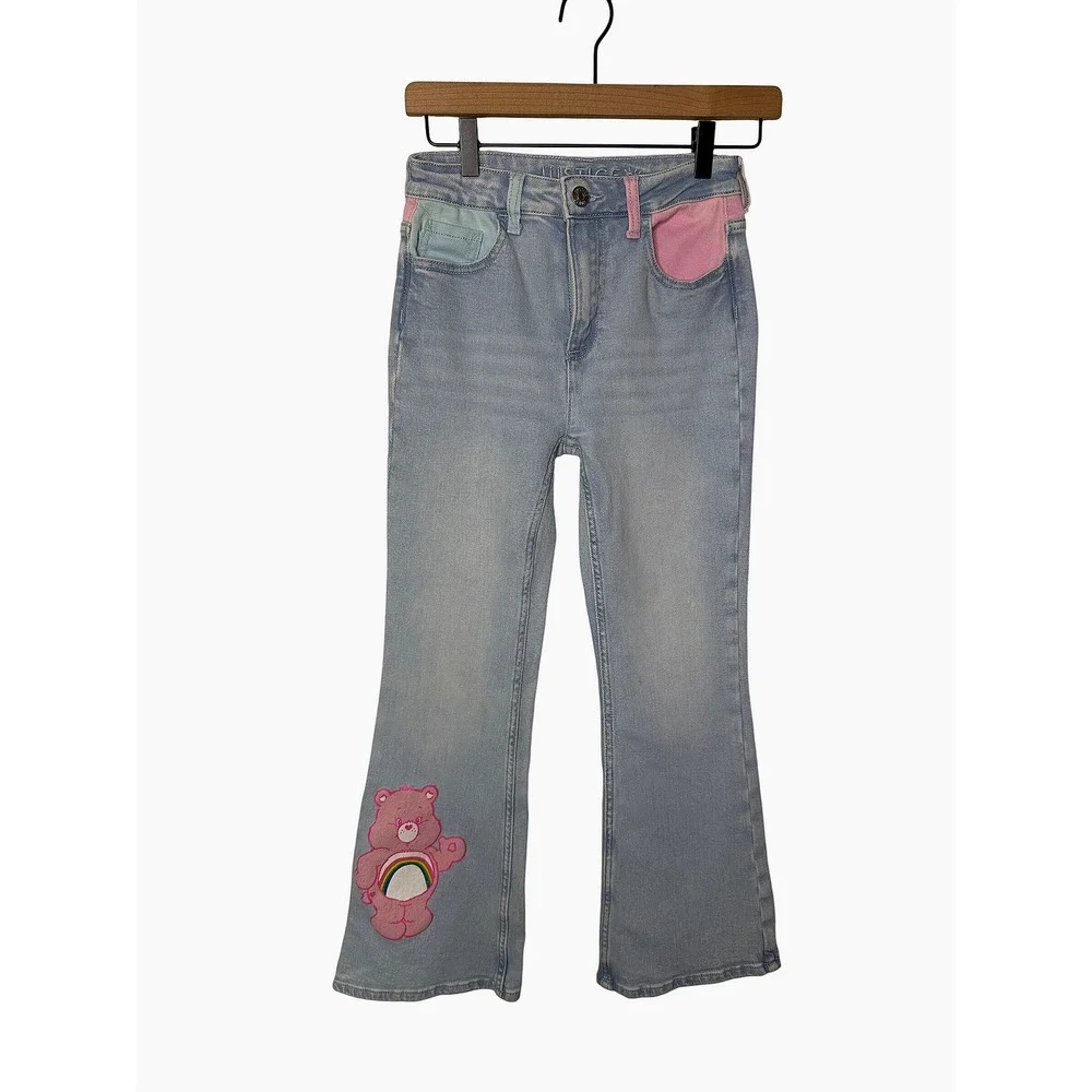 Y2K Justice x Care Bears Girls Colorblock Flare Jeans Size 12 Light Wash Retro